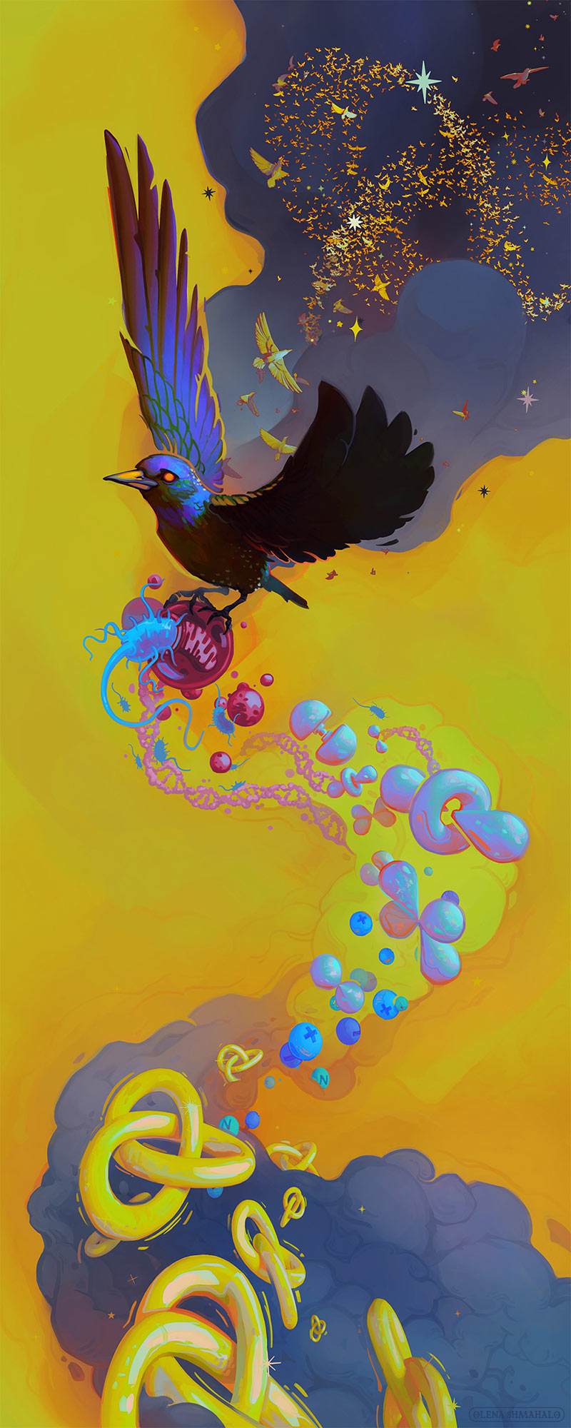 Painting: on a yellow background, a starling carries a eukaryotic cell being entered by a prokaryote, with DNA, electron orbitals, particles, and trefoil knots trailing off of it. Above the main bird, a murmuration of starlings forms a trefoil knot.