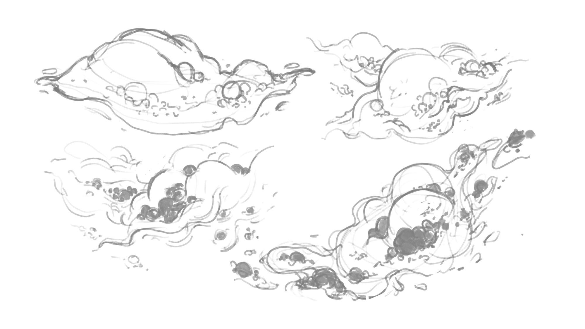 Sketches of black holes cradled in the crevices of iridescent, cloud-like forms.