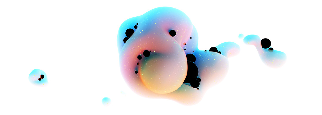 3D sculpture of clustered black spheres (representing black holes) cradled in the crevices of iridescent, cloud-like forms.