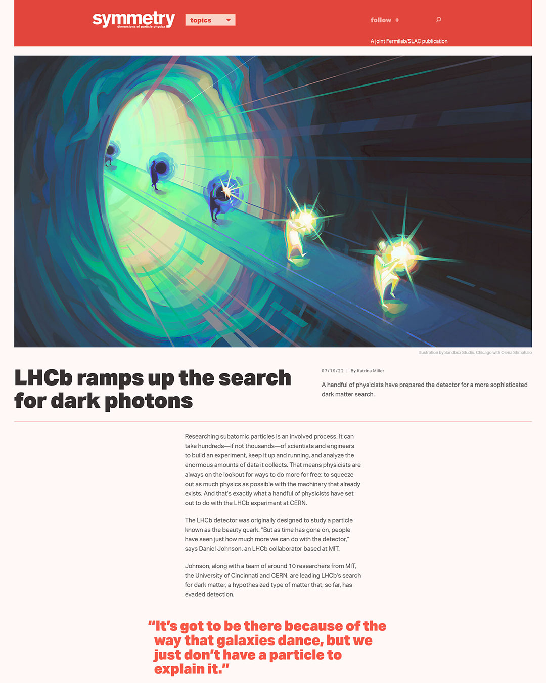Screenshot of the article on symmetrymagazine.org: LHCb ramps up the search for dark photons.