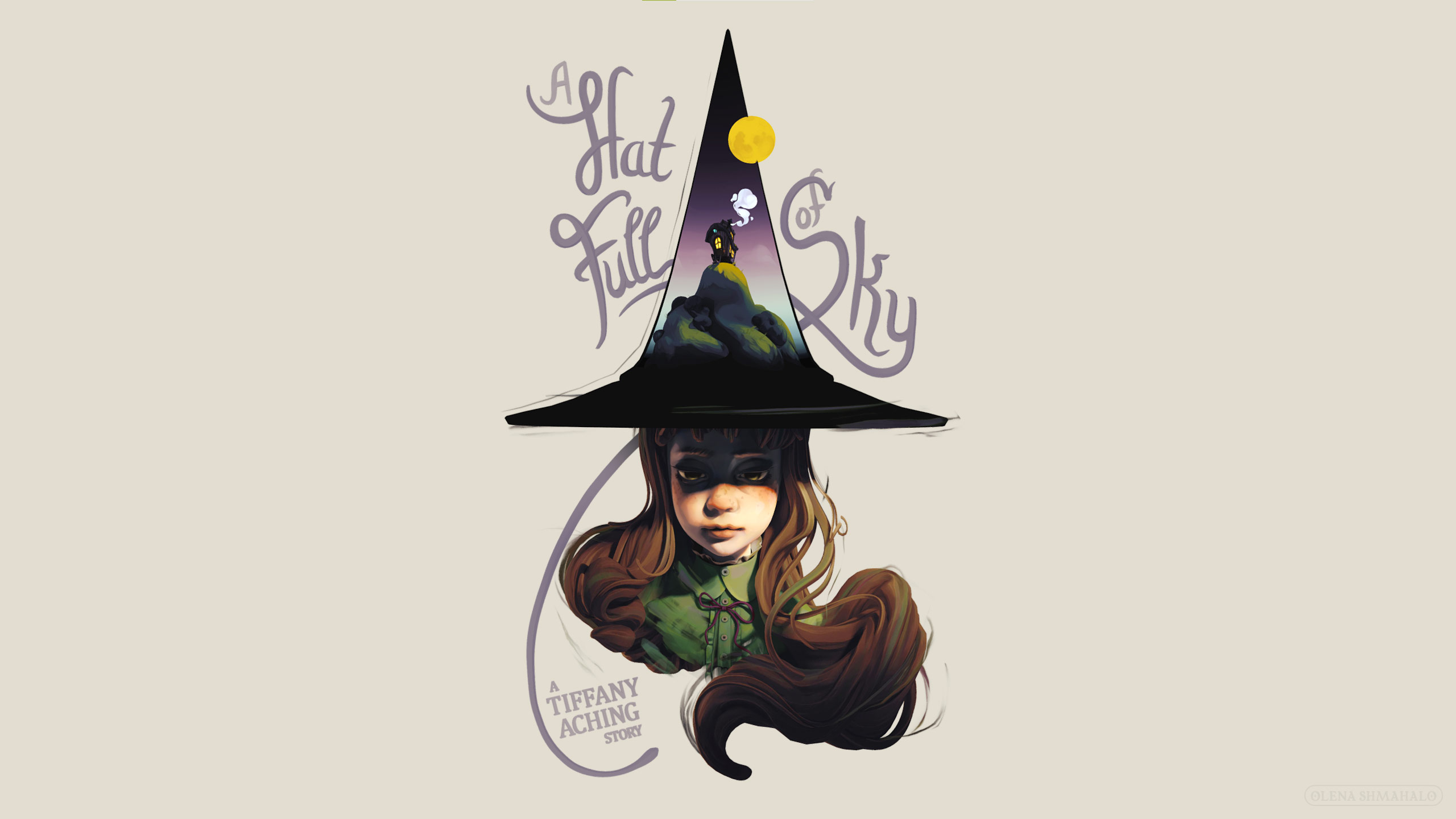 Painted 3D sculpture of a girl with brown hair wearing a witch hat. The top of the hat is a cutaway diorama of a landscape: a shepherd's hut on a hill. Hand-lettering around the girl says 