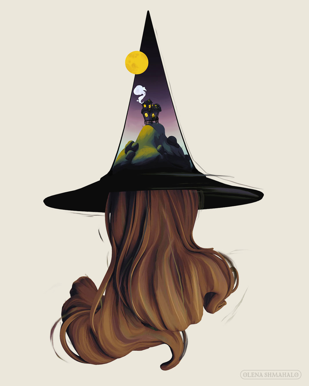 Angle of a painted 3D sculpture: the back of a girl with brown hair wearing a witch hat. The top of the hat is a cutaway diorama of a landscape: a shepherd's hut on a hill.