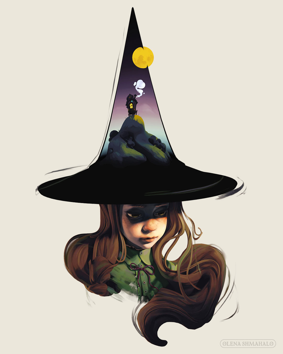 Painted 3D sculpture of a girl with brown hair wearing a witch hat. The top of the hat is a cutaway diorama of a landscape: a shepherd's hut on a hill.