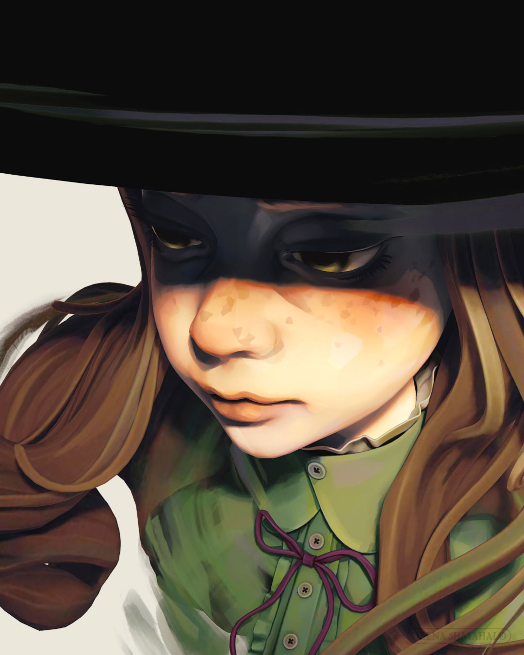 Close-up: Painted 3D sculpture of a girl with brown hair & green shirt wearing a witch hat.