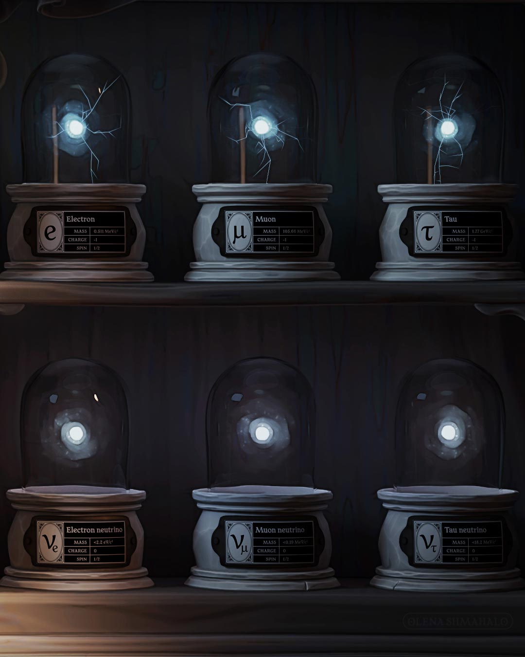 3D art: The Standard Model of Particle Physics in the form of a curiosity cabinet, with particles neatly arranged and held in place by cloches.