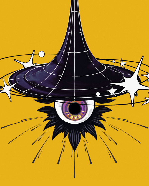 Art on a yellow background: a floating eyeball with black eyelashes wearing a funnel shaped black hole hat with orbiting stars.