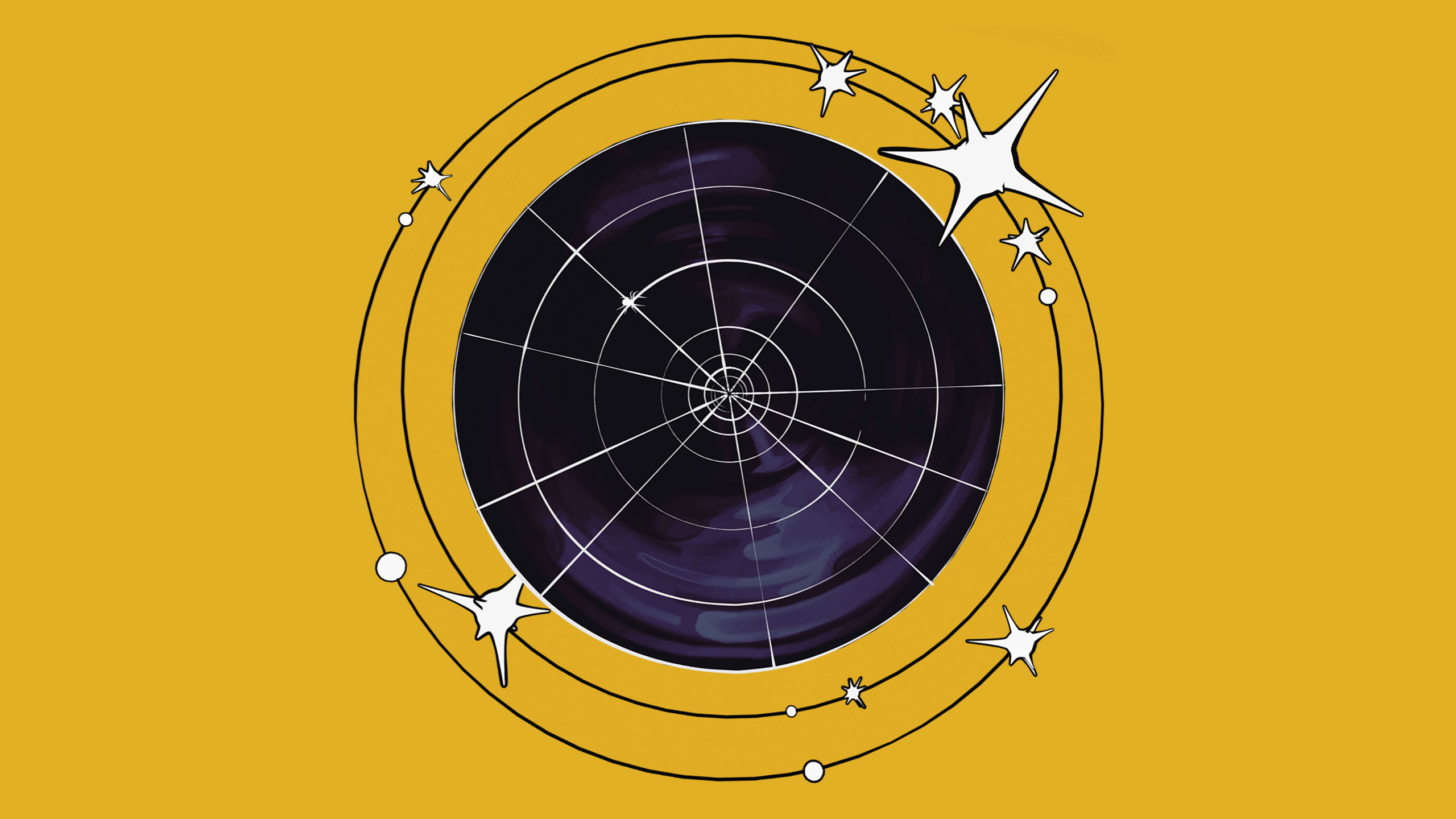 Art on a yellow background: a black circle with a white spider web on it, orbited by stars.