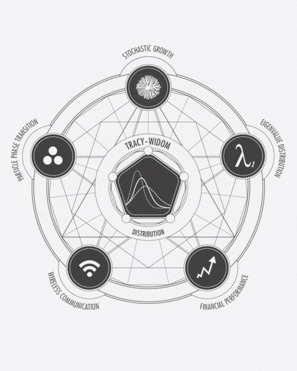 Black and white graphic: interconnected symbols related to ideas in math and universality, arranged in a circle. Centered in the circle is the Tracy-Widom Distribution, symbolized by bell curves.