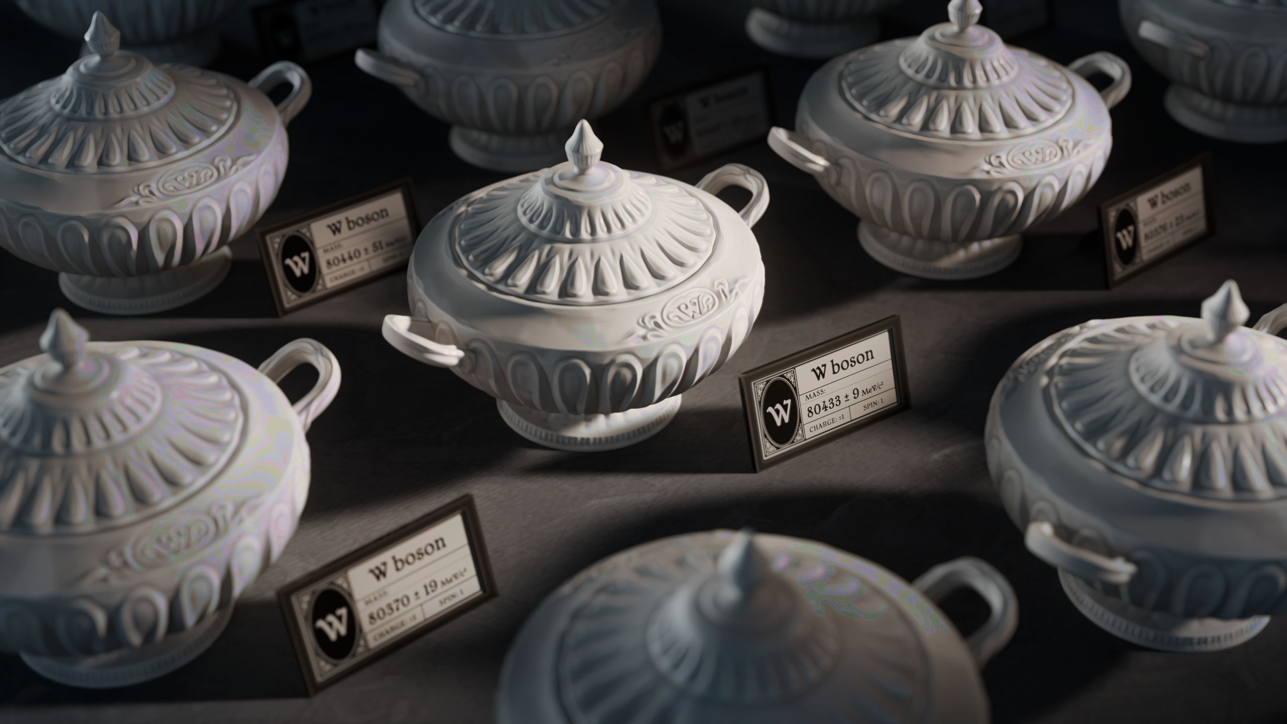 3D art: rows of tureens; each has a label in front of it that says 