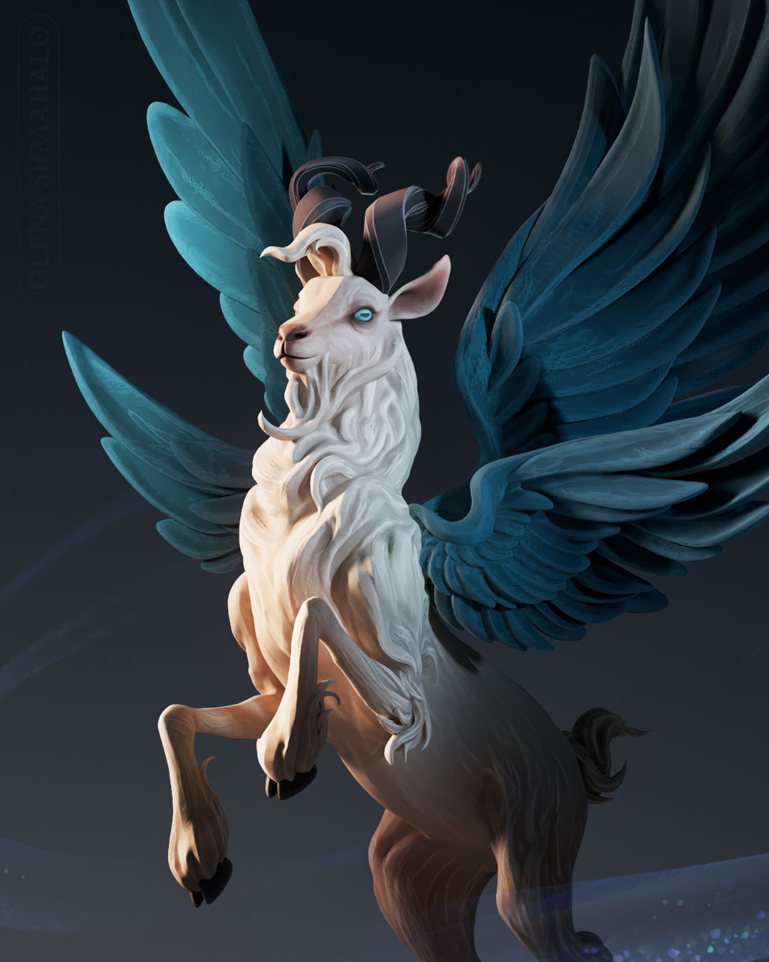 Stylized 3D sculpture of a beige goat-like creature with turquoise wings.