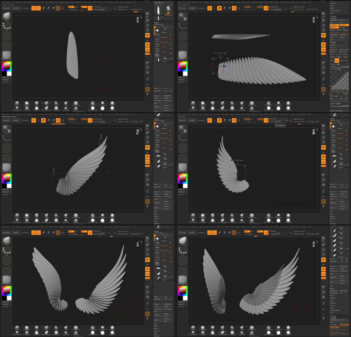 Screenshots showing a  process of making 3D wings in ZBrush.