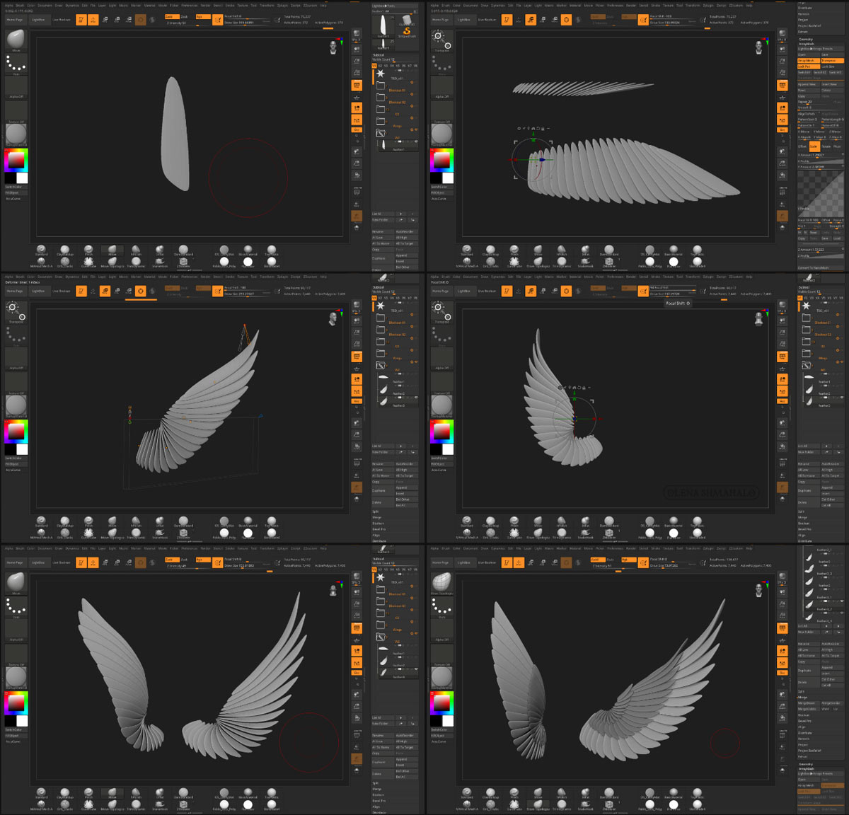 Screenshots showing a  process of making 3D wings in ZBrush.