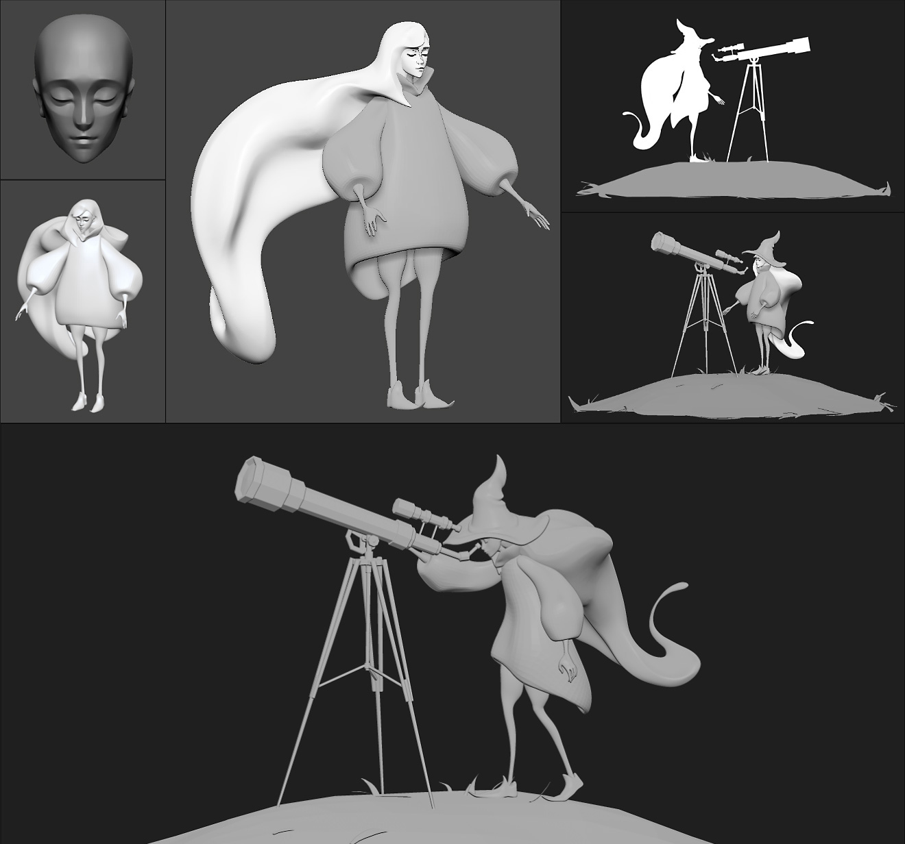 WIP 3D sculpts of a witch gazing through a telescope.