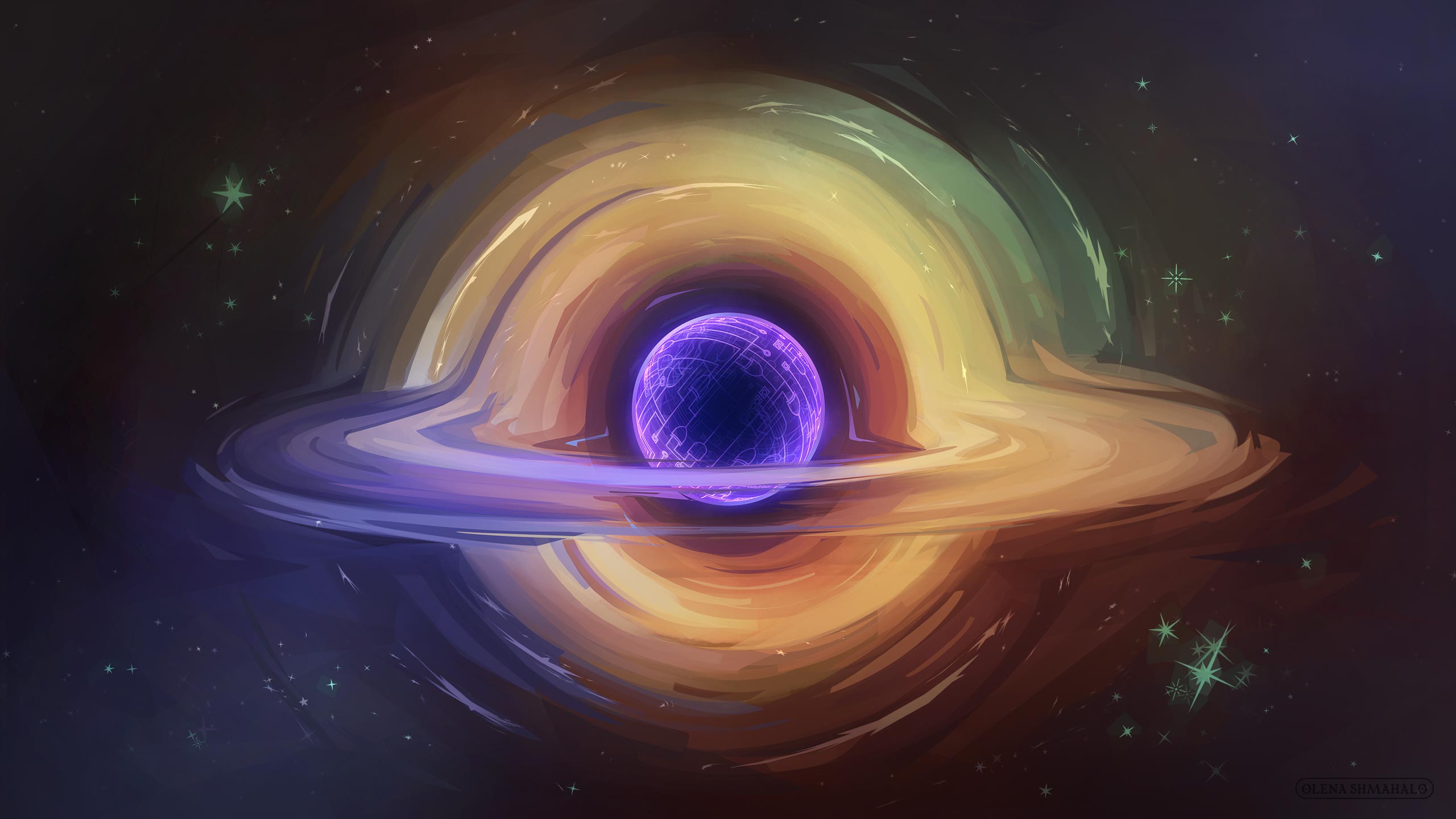 Stylized illustration of a black hole in space with glowing purple circuitry wrapping the inner sphere.