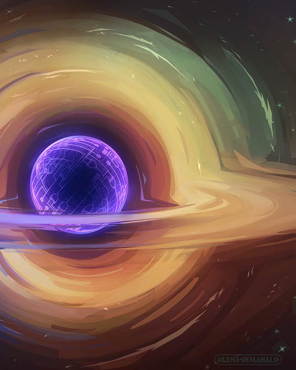 Crop: Stylized illustration of a black hole in space with glowing purple circuitry wrapping the inner sphere.