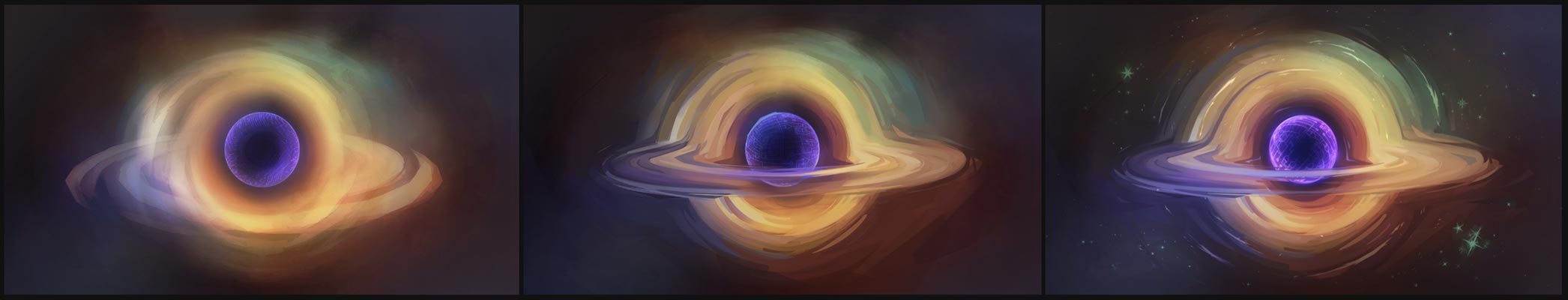 Process, 3 stages: Stylized illustration of a black hole in space with glowing purple circuitry wrapping the inner sphere.