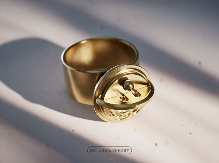 3D render of brass jewelry: wrap ring featuring a particle and wave diffraction separated by a double-slit screen (as in the famous quantum physics experiment). Original design © Olena Shmahalo / Nature in Theory