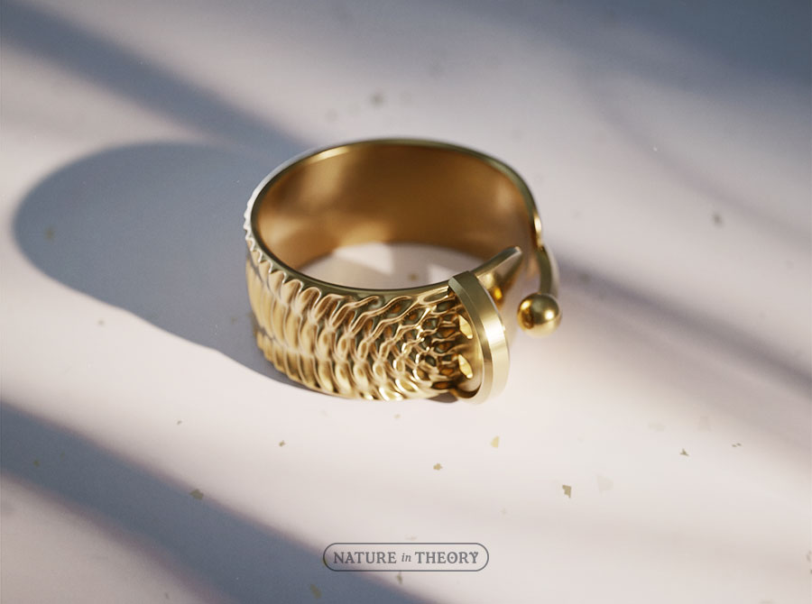 3D render of brass jewelry: wrap ring featuring a particle and wave diffraction separated by a double-slit screen (as in the famous quantum physics experiment). Original design © Olena Shmahalo / Nature in Theory