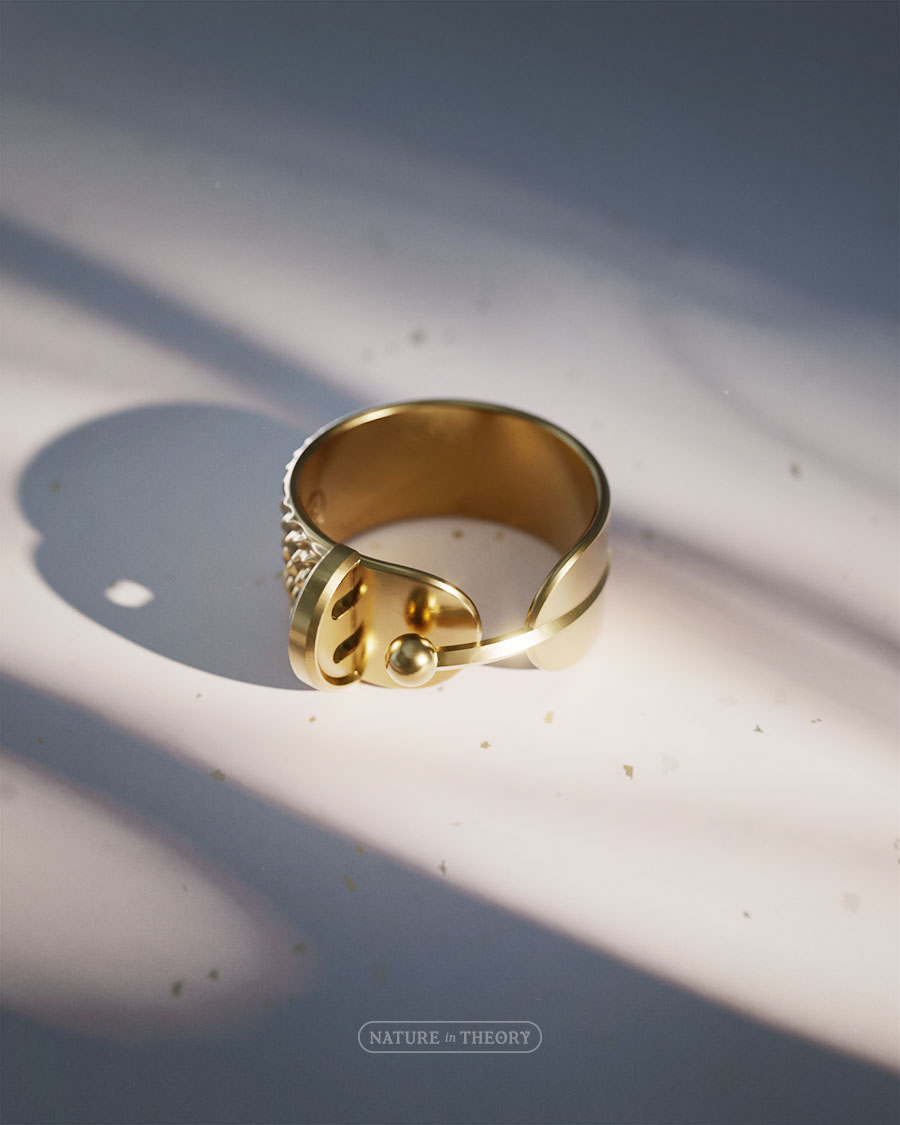 3D render of brass jewelry: wrap ring featuring a particle and wave diffraction separated by a double-slit screen (as in the famous quantum physics experiment). Original design © Olena Shmahalo / Nature in Theory