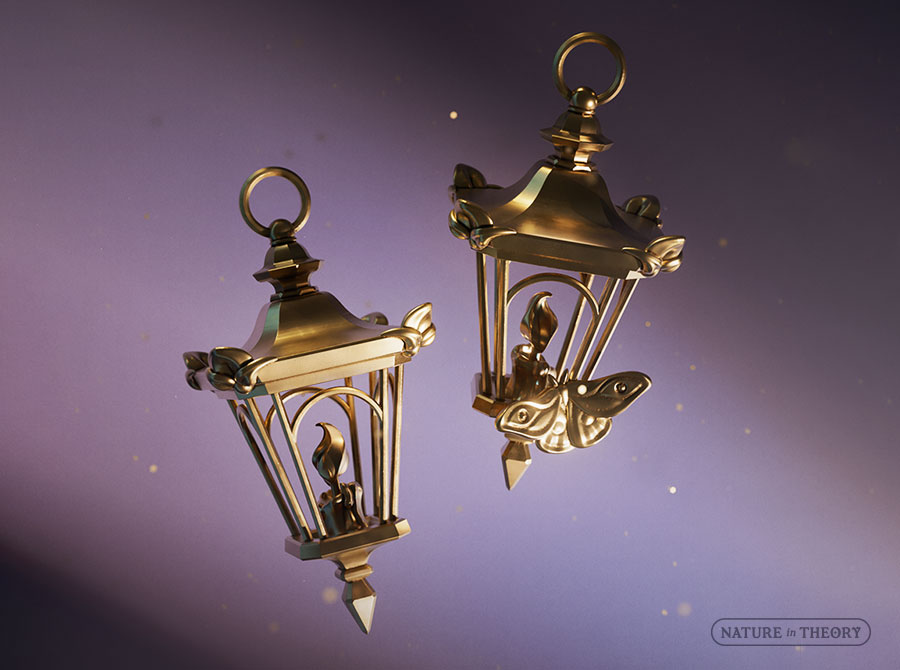 3D render of brass jewelry: Candle-lit lanterns with a moth. Original design © Olena Shmahalo / Nature in Theory