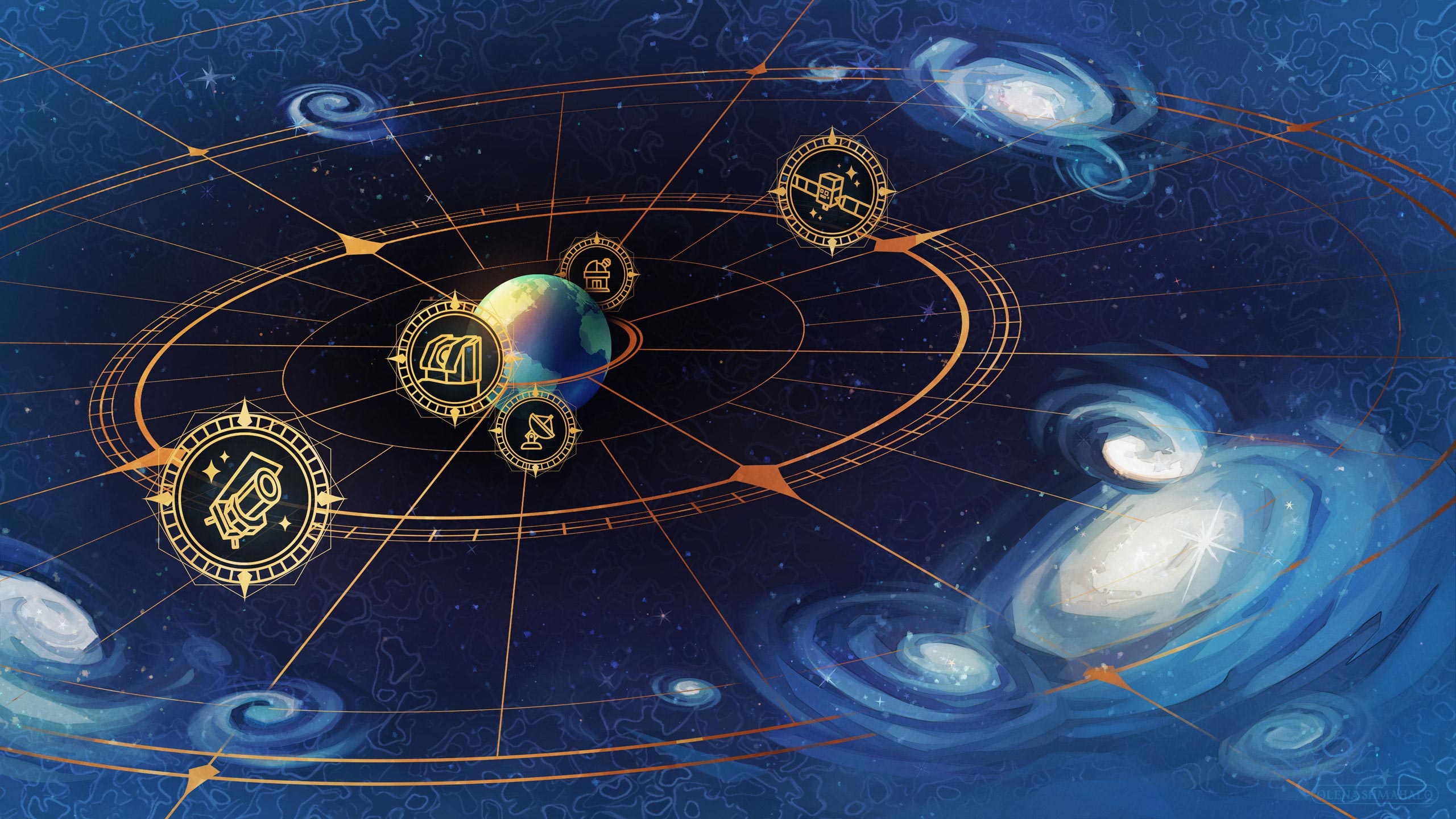 Stylized painting of earth in space inside a gold, radial compass design and surrounded by gold telescope icons, followed by clustered galaxies and CMB patterns at the outer edges.
