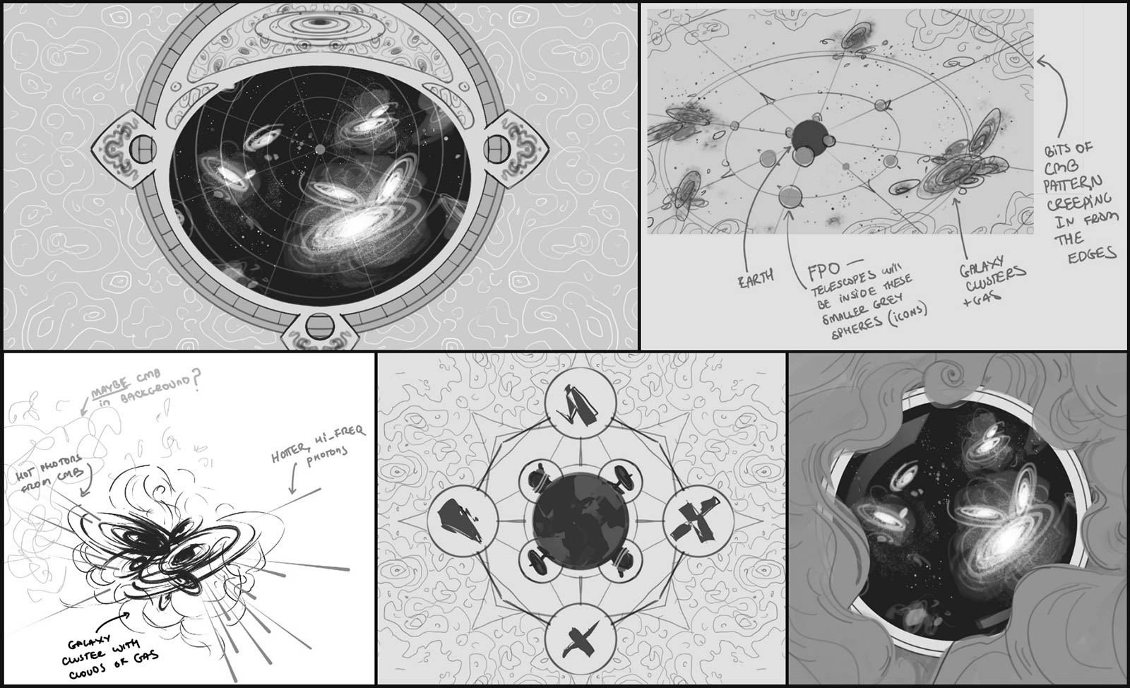 Sisible Matter: concept sketches. Variations on galaxy clusters in space incorporating antiquity-inspired designs.