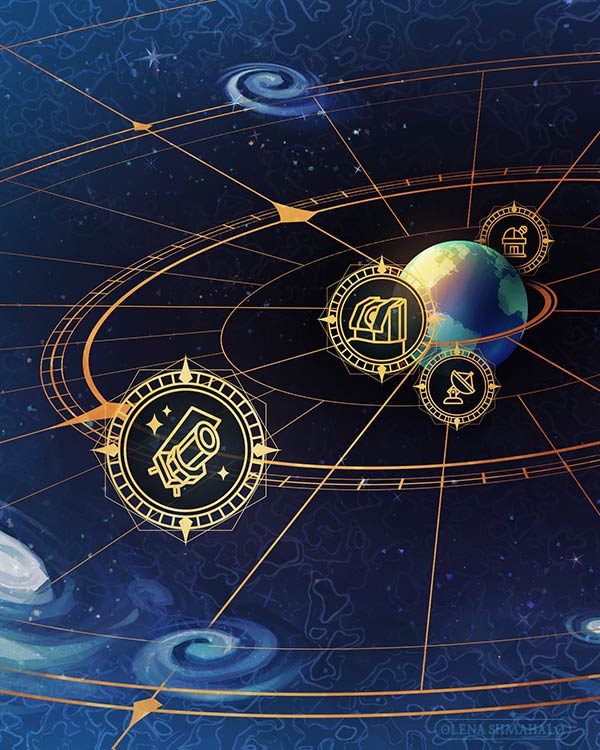 Crop: Stylized painting of earth in space inside a gold, radial compass design and surrounded by gold telescope icons, followed by clustered galaxies and CMB patterns at the outer edges.