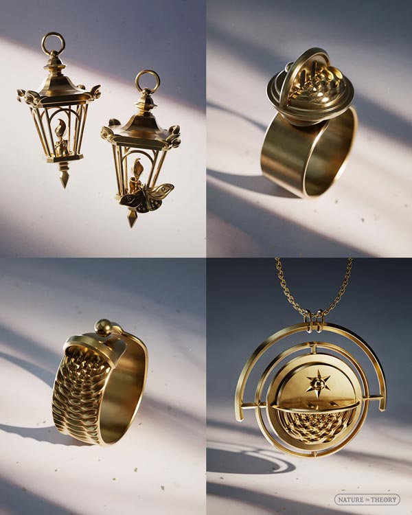 3D renders of brass jewelry: lanterns, rings with a wave-particle duality design, and an infinity loop band. Original designs © Olena Shmahalo / Nature in Theory