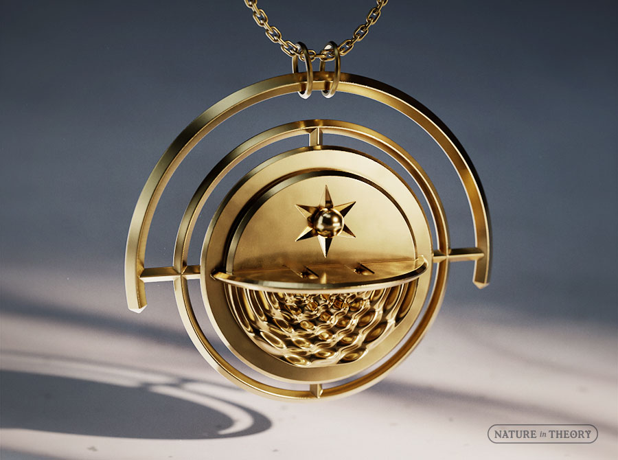 3D render of brass jewelry: pendant featuring a particle and wave diffraction pattern separated by a double-slit screen — as in the famous quantum physics experiment. Original design © Olena Shmahalo / Nature in Theory