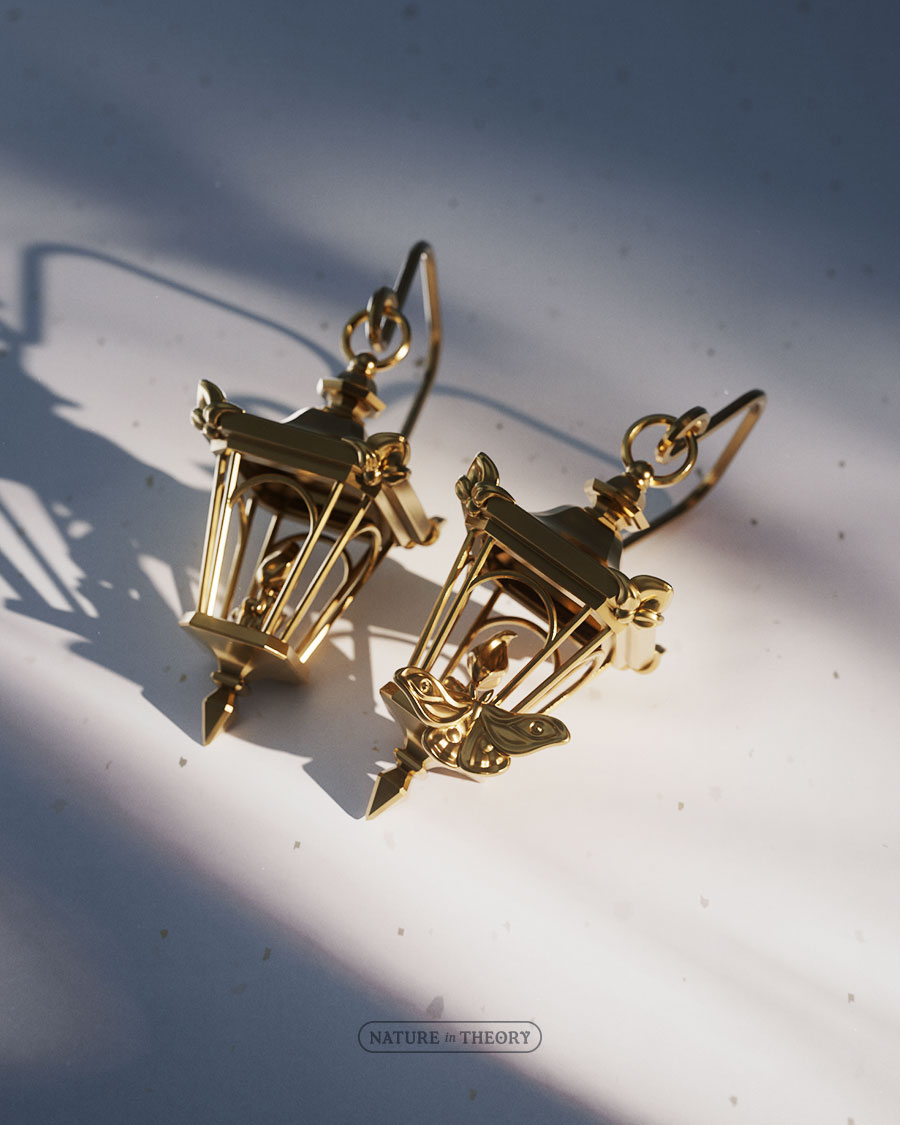 3D render of brass jewelry: Candle-lit lanterns with a moth. Original design © Olena Shmahalo / Nature in Theory