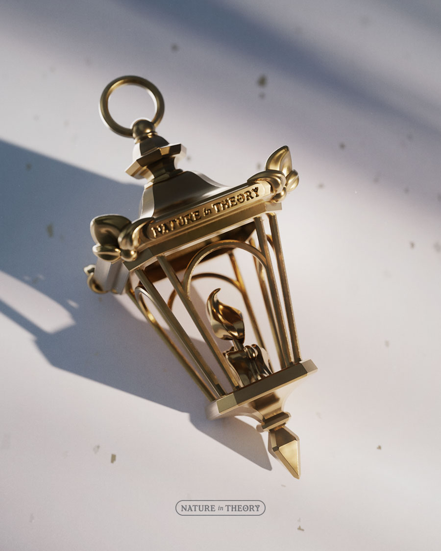 3D render of brass jewelry: Close-up of candle-lit lantern with a 