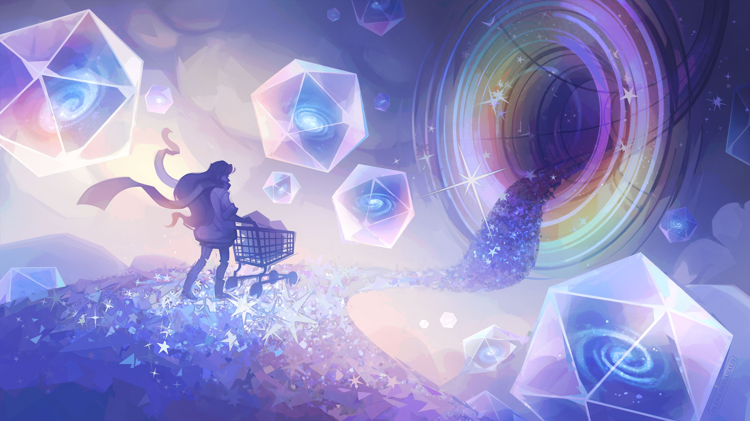 Stylized illustration in iridescent colors: a woman with a cart walking down a starry path toward a funnel-shaped portal, surrounded by floating icosahedron bubbles containing galaxies.