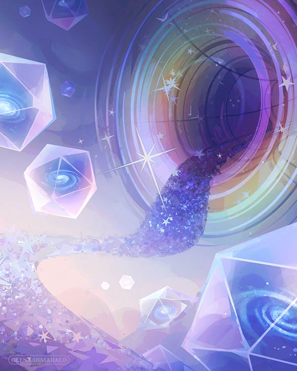 Crop: Stylized illustration in iridescent colors — a starry path going toward a funnel-shaped portal, surrounded by floating icosahedron bubbles containing galaxies.