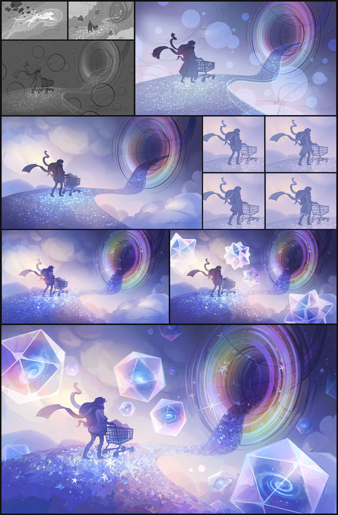 Sketches & process screenshots: stylized illustration in iridescent colors: a woman with a cart walking down a starry path toward a funnel-shaped portal, surrounded by floating icosahedron bubbles containing galaxies.