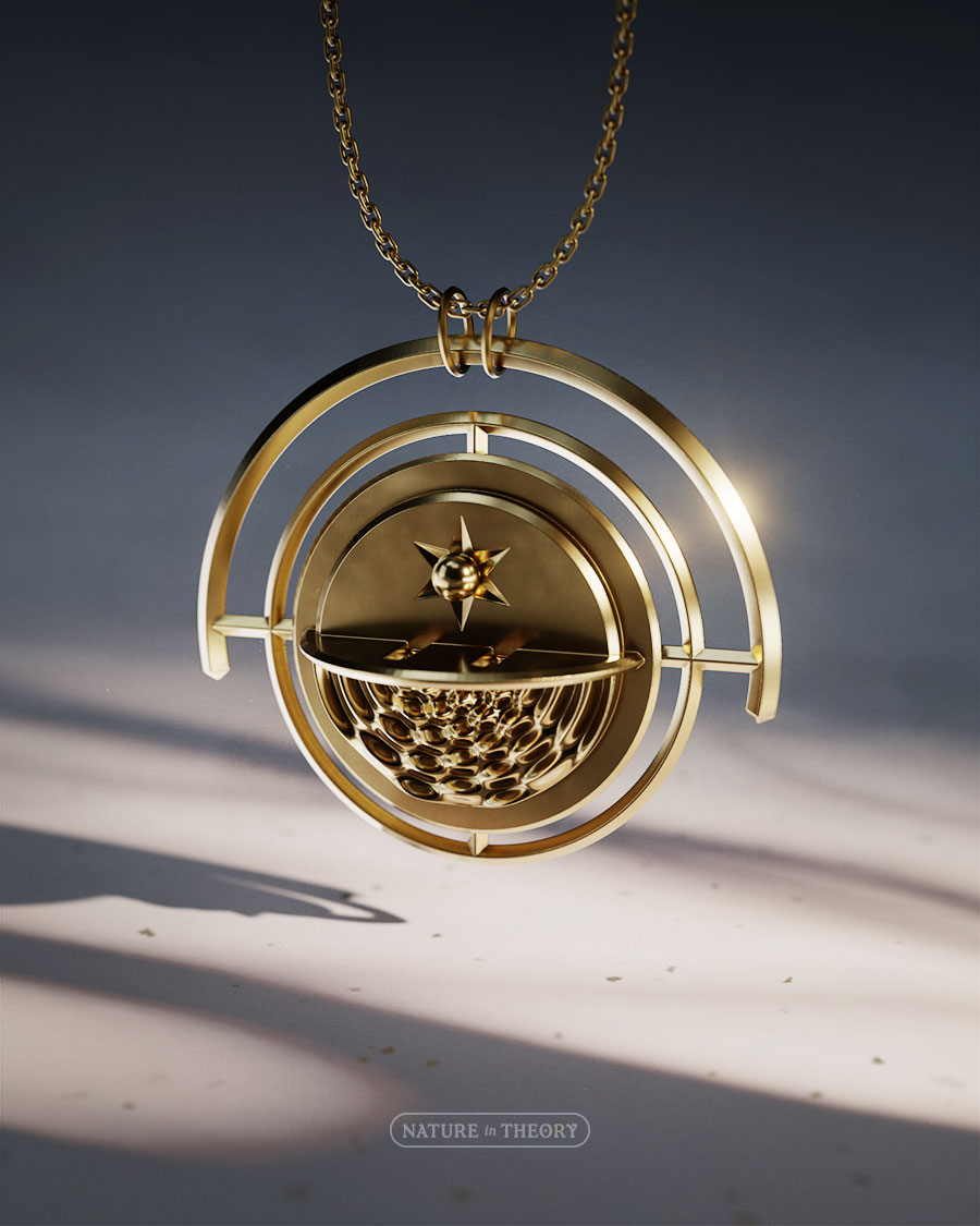 3D render of brass jewelry: pendant featuring a particle and wave diffraction pattern separated by a double-slit screen — as in the famous quantum physics experiment. Original design © Olena Shmahalo / Nature in Theory