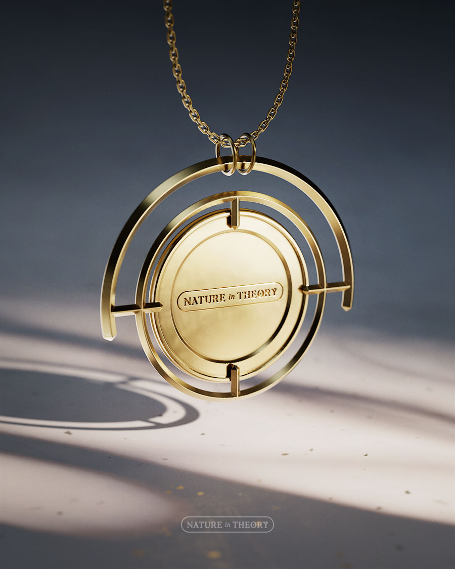 3D render of brass jewelry: pendant featuring a particle and wave diffraction pattern separated by a double-slit screen — as in the famous quantum physics experiment. Original design © Olena Shmahalo / Nature in Theory