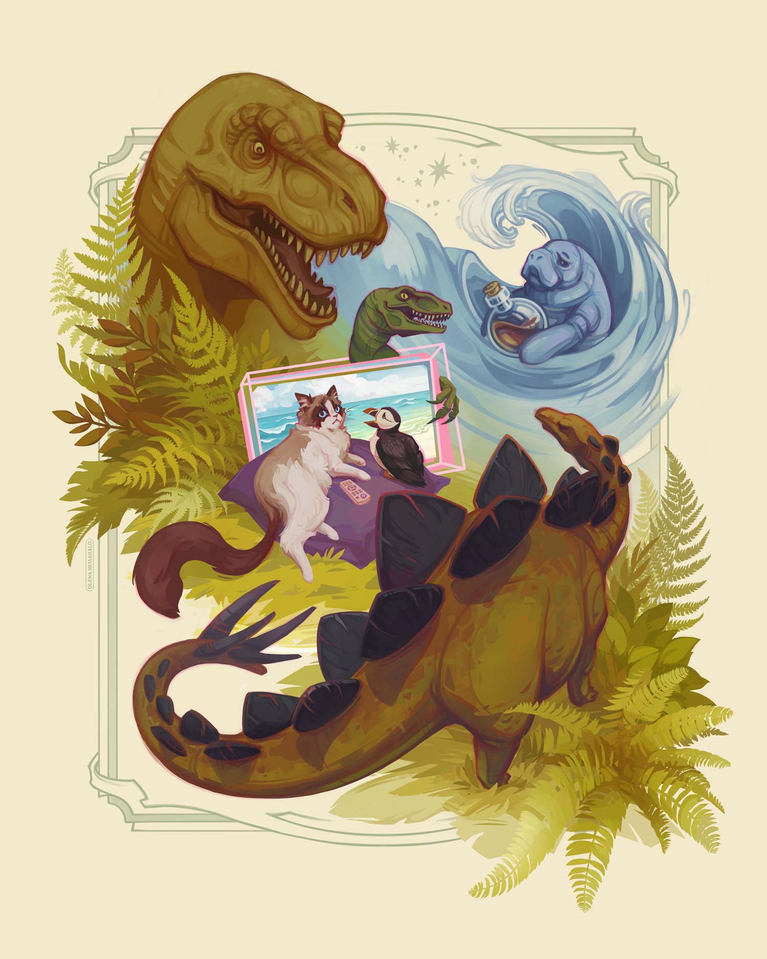Stylized illustration of six animals. Top-left: A Tyrannosaurus rex surveys the others from behind ferns & foliage. Top-right: A manatee holds a potion bottle as a wave curls around & over him. Middle: A Velociraptor peeks over the top of a graphical, pink TV displaying a beach scene; its claw grips one edge. A Ragdoll cat & puffin relax on a cushion in front of the TV. Bottom-right: Standing amidst ferns & cycads, a huge Stegosaurus looks up at the other creatures.