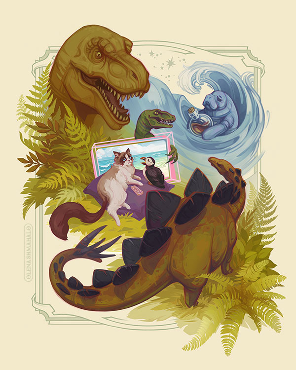 Stylized illustration of six animals. Top-left: A Tyrannosaurus rex surveys the others from behind ferns & foliage. Top-right: A manatee holds a potion bottle as a wave curls around & over him. Middle: A Velociraptor peeks over the top of a graphical, pink TV displaying a beach scene; its claw grips one edge. A Ragdoll cat & puffin relax on a cushion in front of the TV. Bottom-right: Standing amidst ferns & cycads, a huge Stegosaurus looks up at the other creatures.