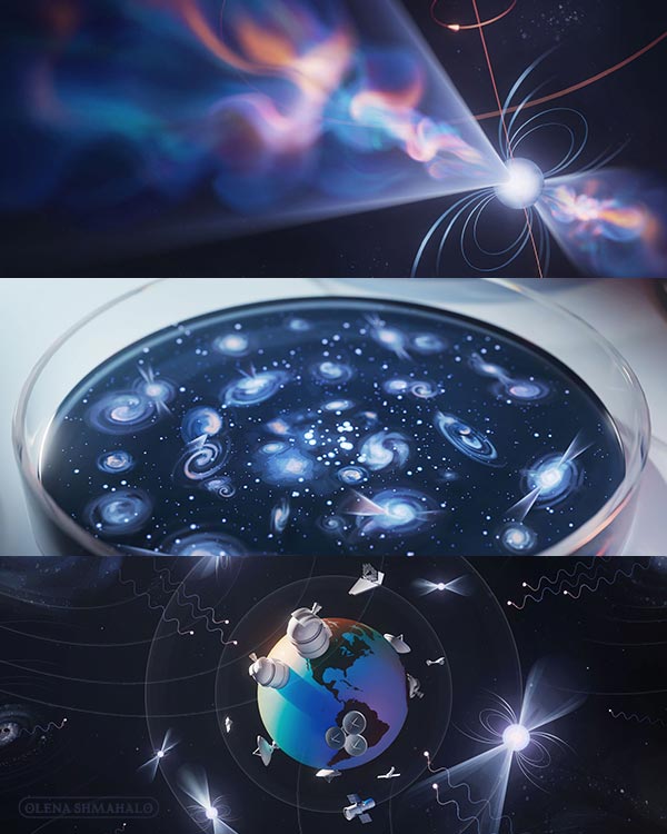 Triptych: 3D art of a pulsar shooting out colorful jets, stars & galaxies in a petri dish showing the evolution of the universe, & planet Earth surrounded by telescopes, pulsars, & binary black hole systems.