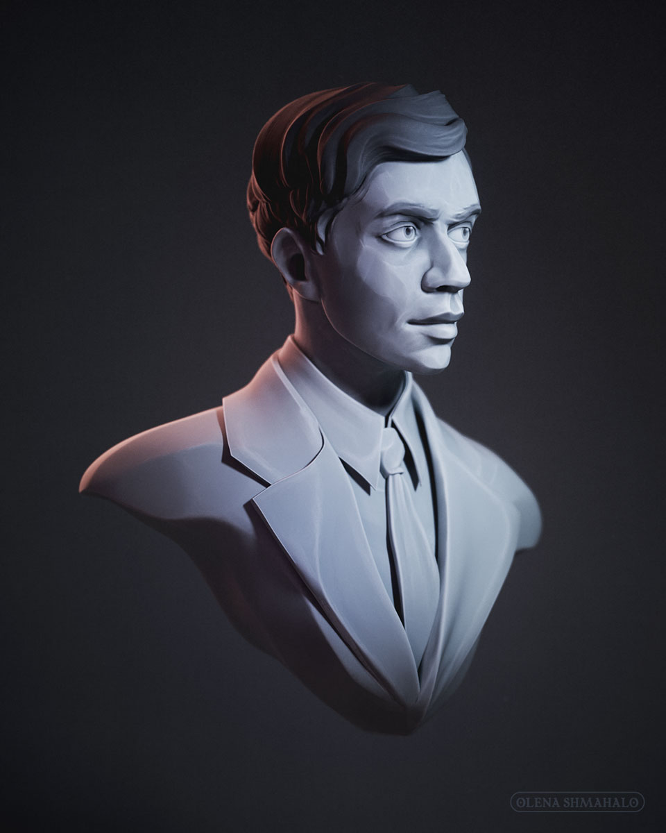 Sculpted portrait bust of physicist Ettore Majorana: three-quarter angle.