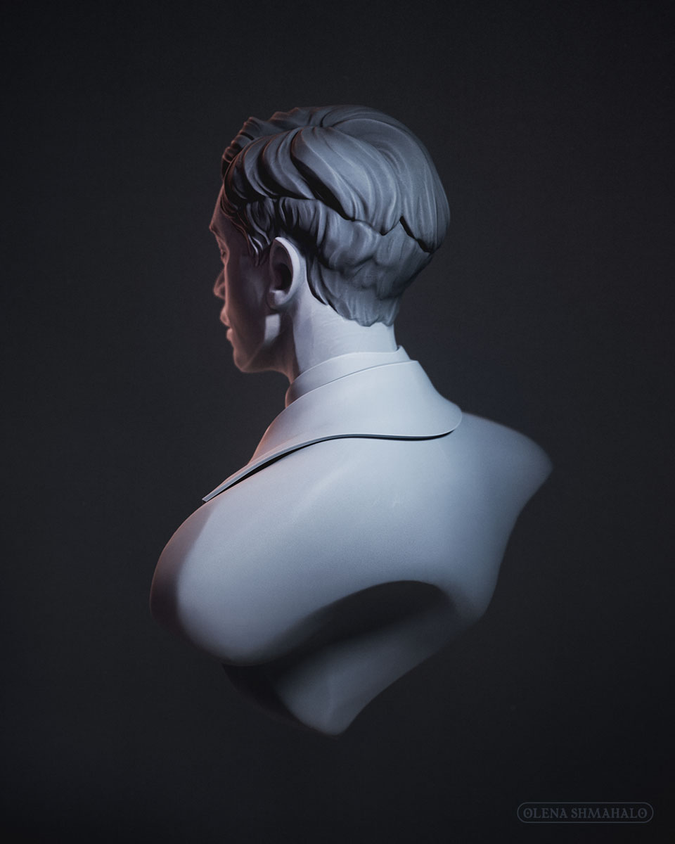 Sculpted portrait bust of physicist Ettore Majorana: back view.