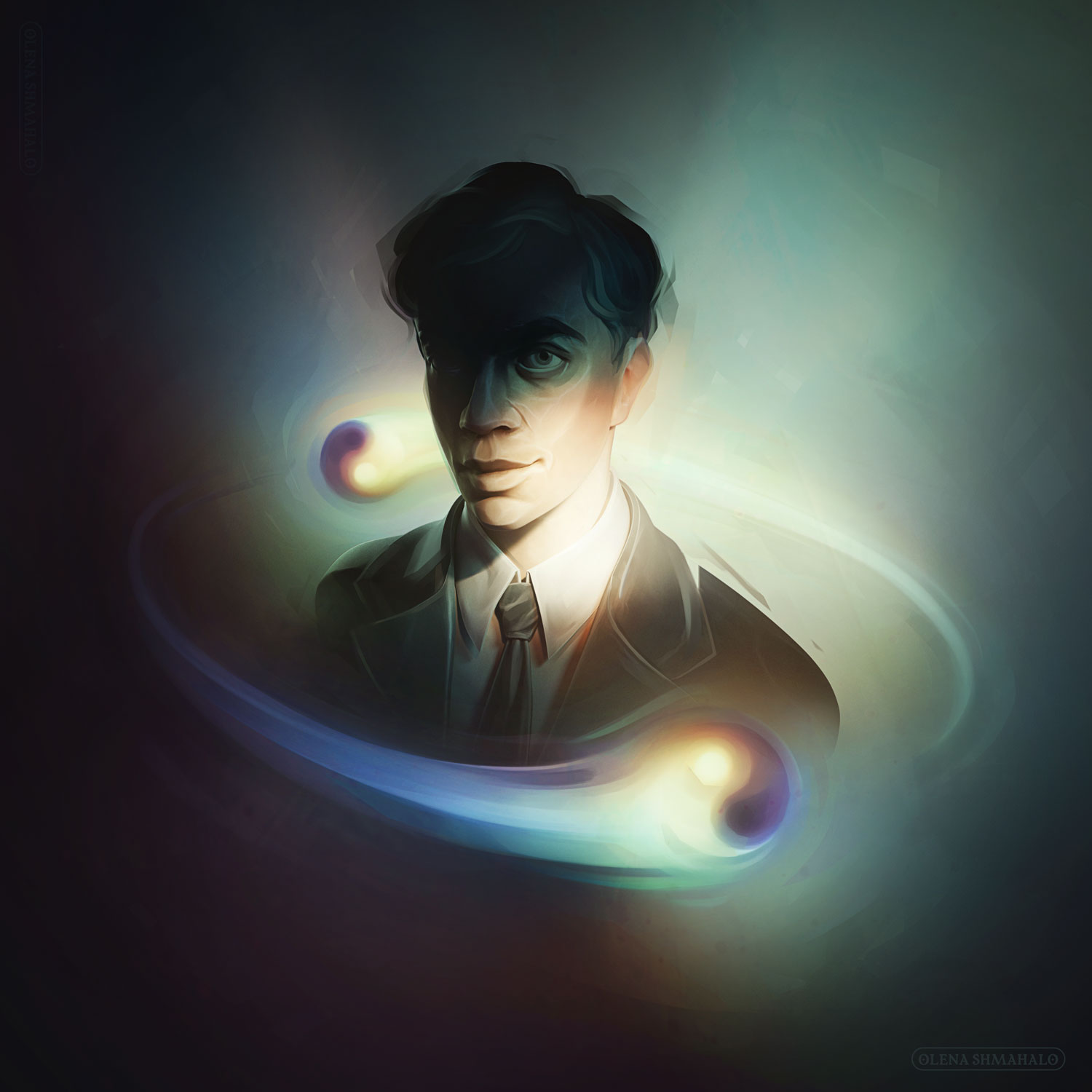 Painted portrait illustration of physicist Ettore Majorana, dramatically lit and partially in shadow, with anyons / Majorana fermions orbiting around him. Art by Olena Shmahalo for Science Magazine / AAAS.