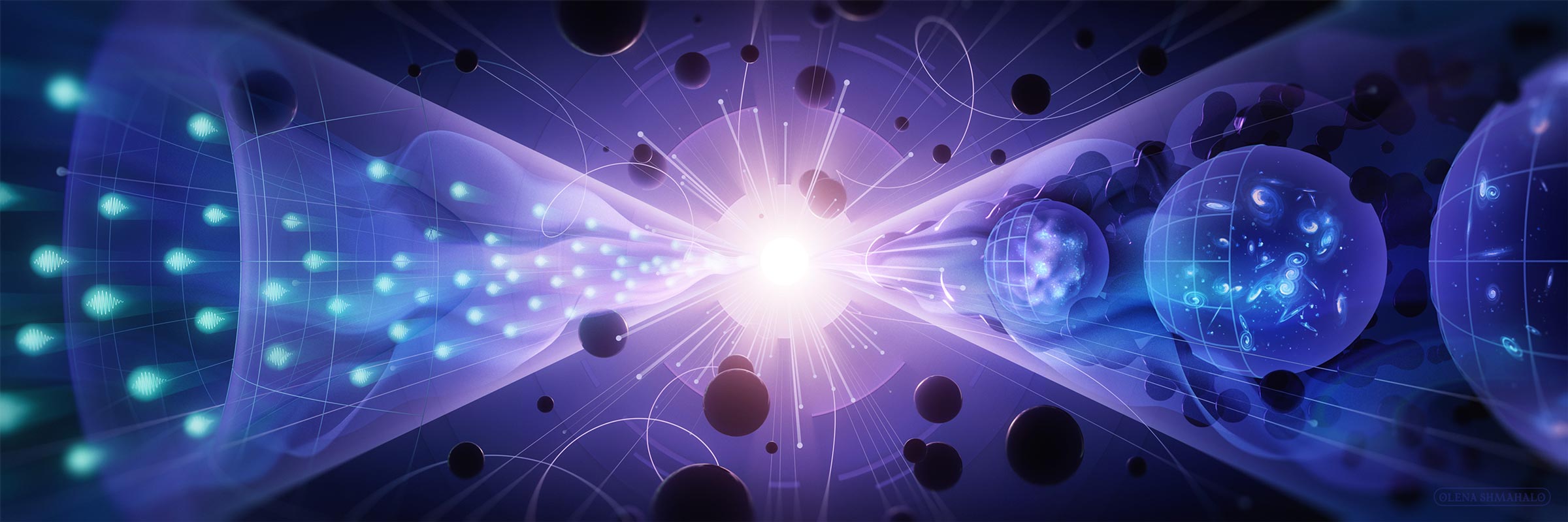 A semi-abstract 3D illustration depicting subatomic and astronomical physics. Particle tracks burst out of a bright center, suggestive of a high-energy event / the Big Bang. Two light cones emerge from this explosion towards the left and right, along with elements corresponding to quantum physics and astrophysics respectively. Left: oscillating neutrinos, Higgs potential. Right: the evolution of the universe in three stages – 1. primordial cosmic soup / CMB, 2. current distribution of stars and galaxies, 3. further expansion. Dark blobs clustering around the spheres suggest dark matter / primordial black holes. Art by Olena Shmahalo for U.S. Particle Physics.