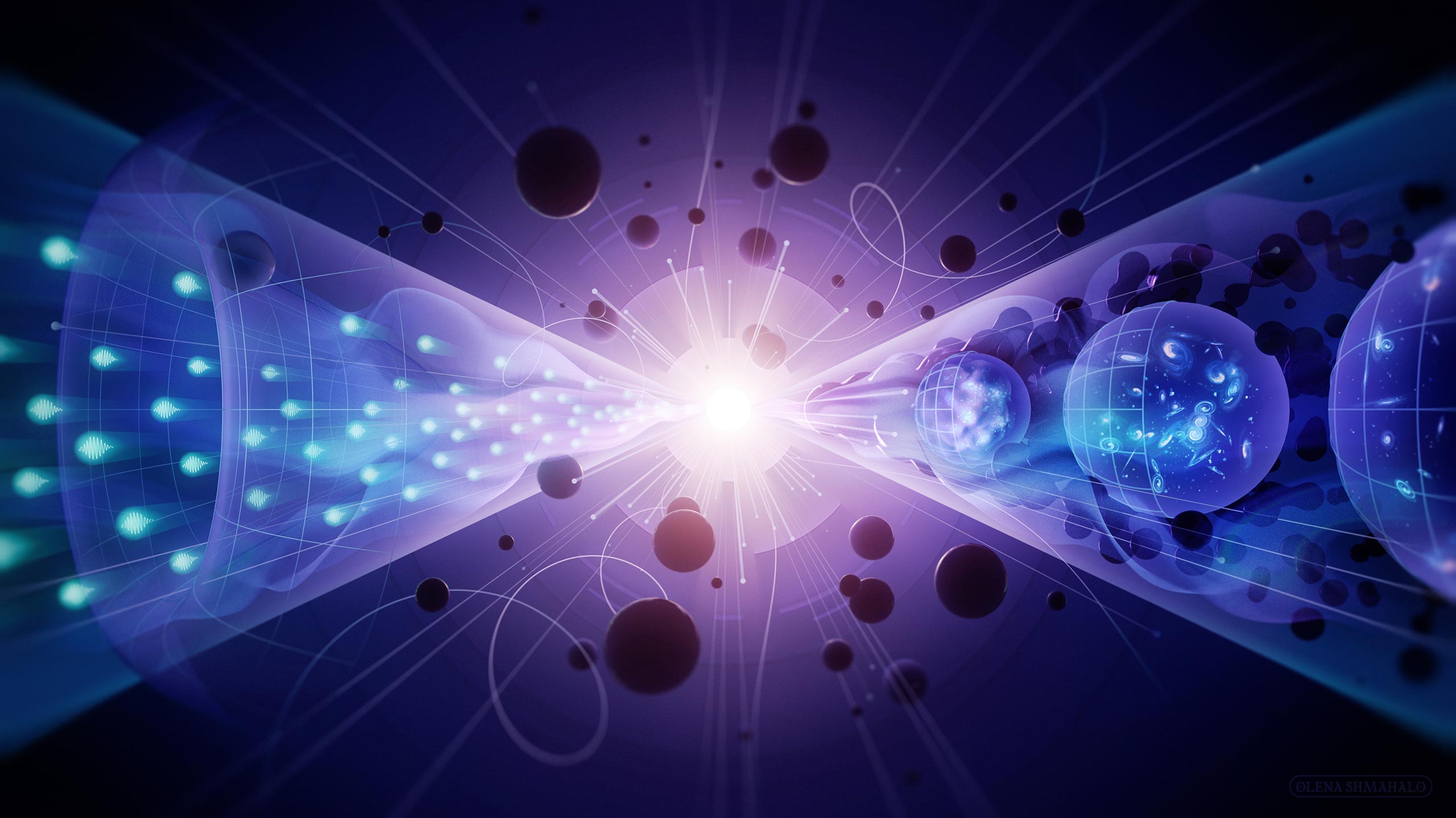 A semi-abstract 3D illustration depicting subatomic and astronomical physics. Particle tracks burst out of a bright center, suggestive of a high-energy event / the Big Bang. Two light cones emerge from this explosion towards the left and right, along with elements corresponding to quantum physics and astrophysics respectively. Left: oscillating neutrinos, Higgs potential. Right: the evolution of the universe in three stages – 1. primordial cosmic soup / CMB, 2. current distribution of stars and galaxies, 3. further expansion. Dark blobs clustering around the spheres suggest dark matter / primordial black holes. Art by Olena Shmahalo for U.S. Particle Physics.