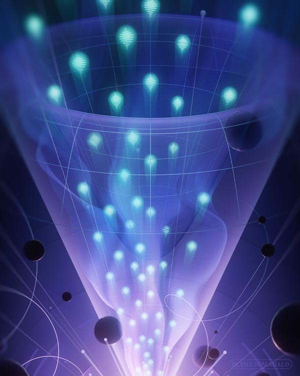 A semi-abstract 3D artwork depicting subatomic and astronomical physics. Crop of the left panel, illustrating the topic *Decipher the Quantum Realm* from the 2023 P5 report: Particles and oscillating neutrinos bursting out of a bright source and flying through a light cone containing the Higgs / 'Mexican hat' potential. Art by Olena Shmahalo for U.S. Particle Physics.