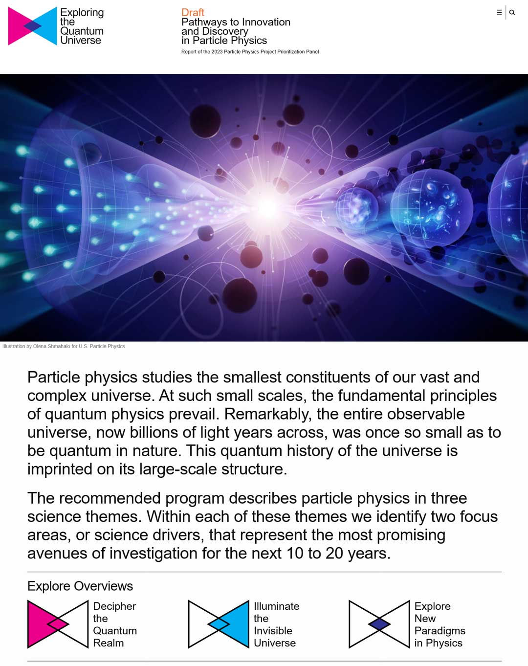 Screenshot of the P5 Physics Report homepage — https://www.usparticlephysics.org/2023-p5-report/ — featuring a semi-abstract scientific art depicting phenomena in particle physics and astrophysics. Illustration by Olena Shmahalo for U.S. Particle Physics.