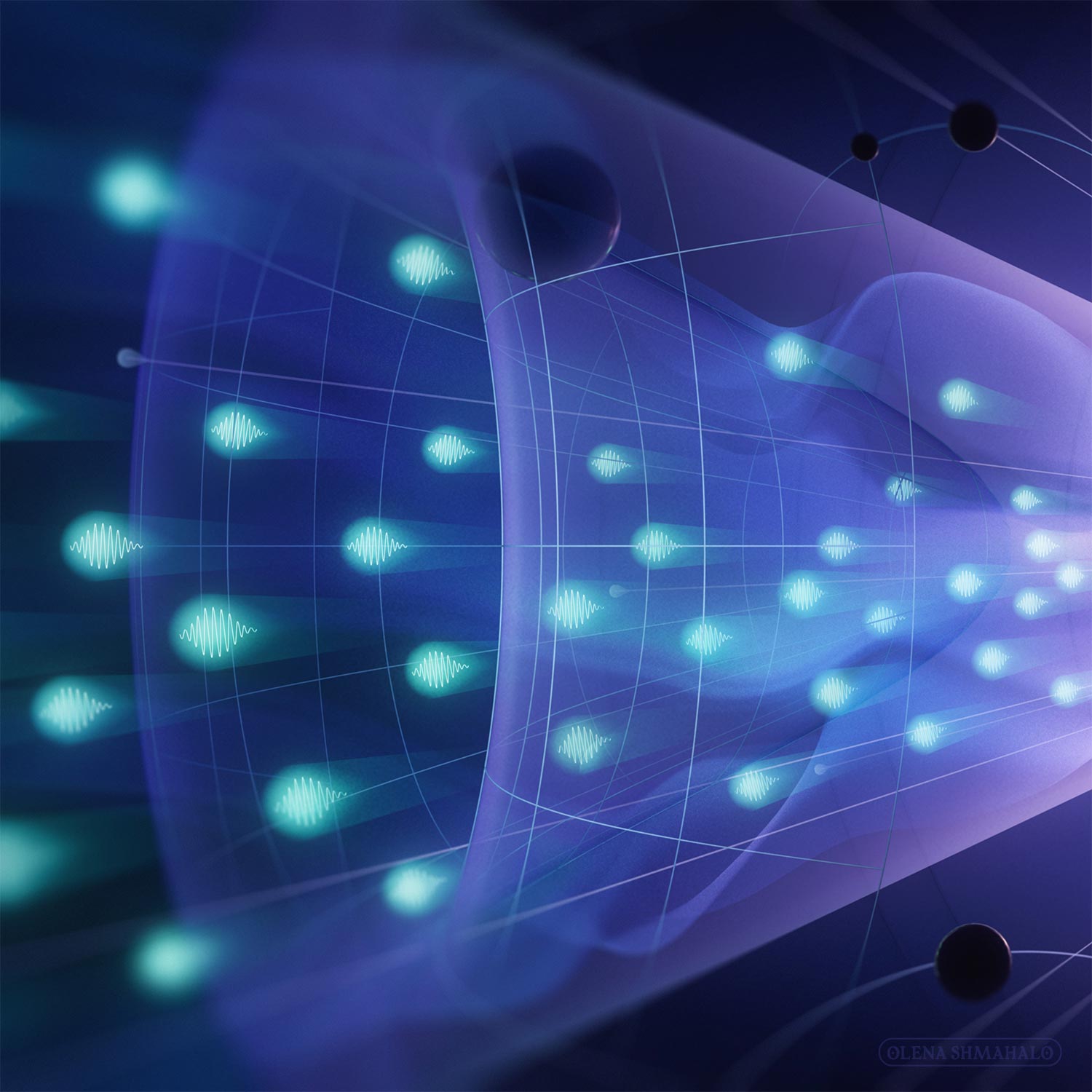 A semi-abstract 3D artwork depicting subatomic and astronomical physics. Crop of the left panel, illustrating the topic *Decipher the Quantum Realm* from the 2023 P5 report: Particles and oscillating neutrinos bursting out of a bright source and flying through a light cone containing the Higgs / 'Mexican hat' potential. Art by Olena Shmahalo for U.S. Particle Physics.