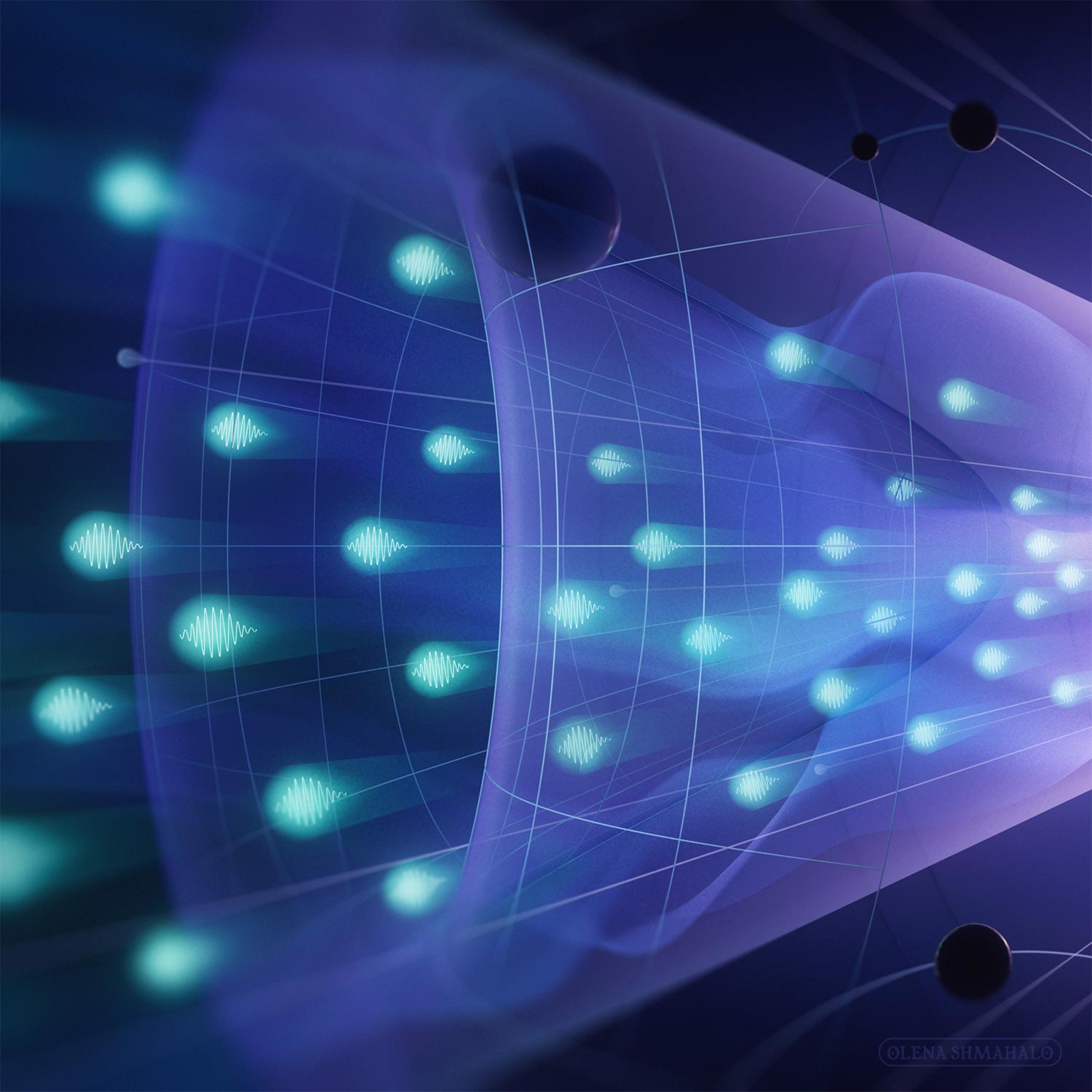 A semi-abstract 3D artwork depicting subatomic and astronomical physics. Crop of the left panel, illustrating the topic *Decipher the Quantum Realm* from the 2023 P5 report: Particles and oscillating neutrinos bursting out of a bright source and flying through a light cone containing the Higgs / 'Mexican hat' potential. Art by Olena Shmahalo for U.S. Particle Physics.