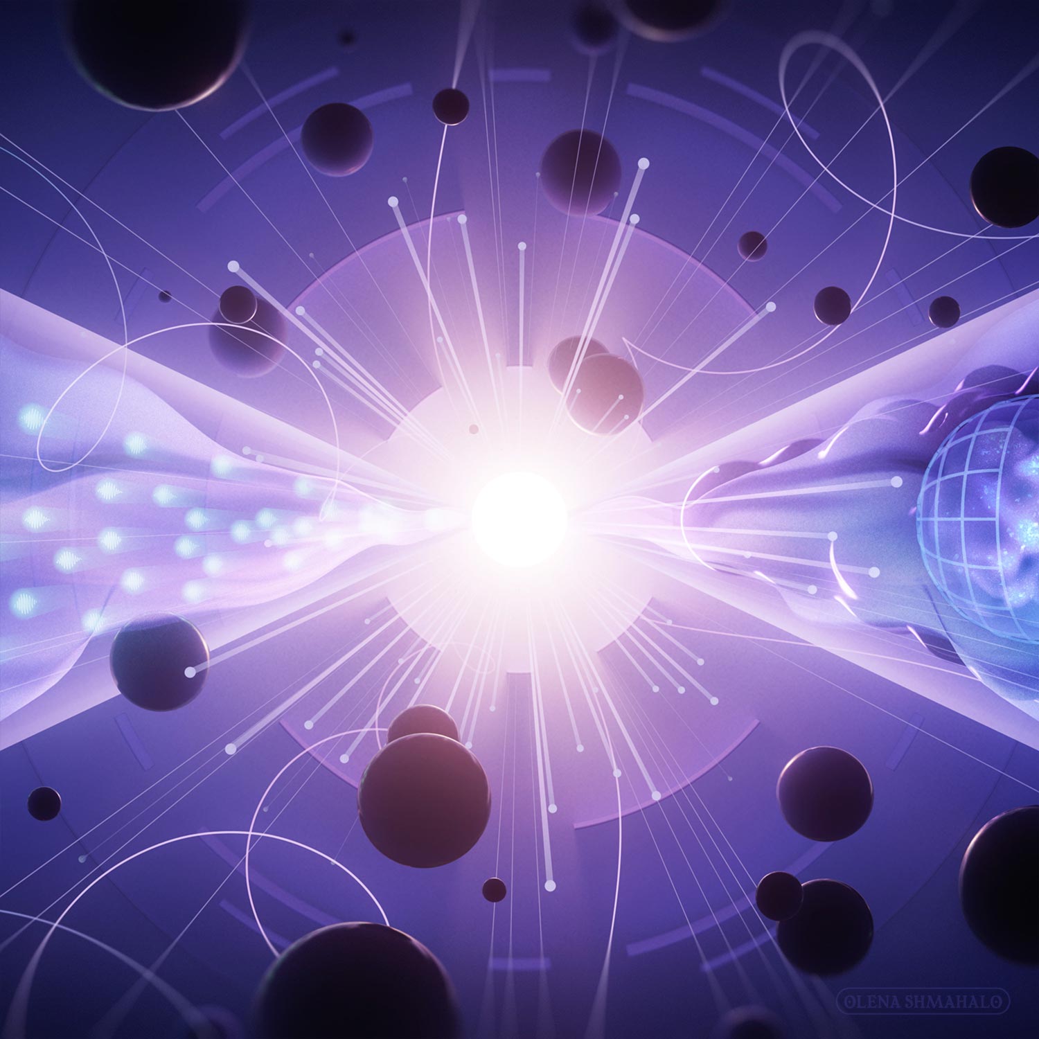 A semi-abstract 3D artwork depicting subatomic and astronomical physics. Crop of the middle panel, illustrating the topic *Explore New Paradigms in Physics* from the 2023 P5 report: Particle tracks burst out of a bright center, suggestive of a high-energy event / the Big Bang. Two light cones emerge from this explosion towards the left and right, along with elements corresponding to quantum physics and astrophysics respectively. Art by Olena Shmahalo for U.S. Particle Physics.