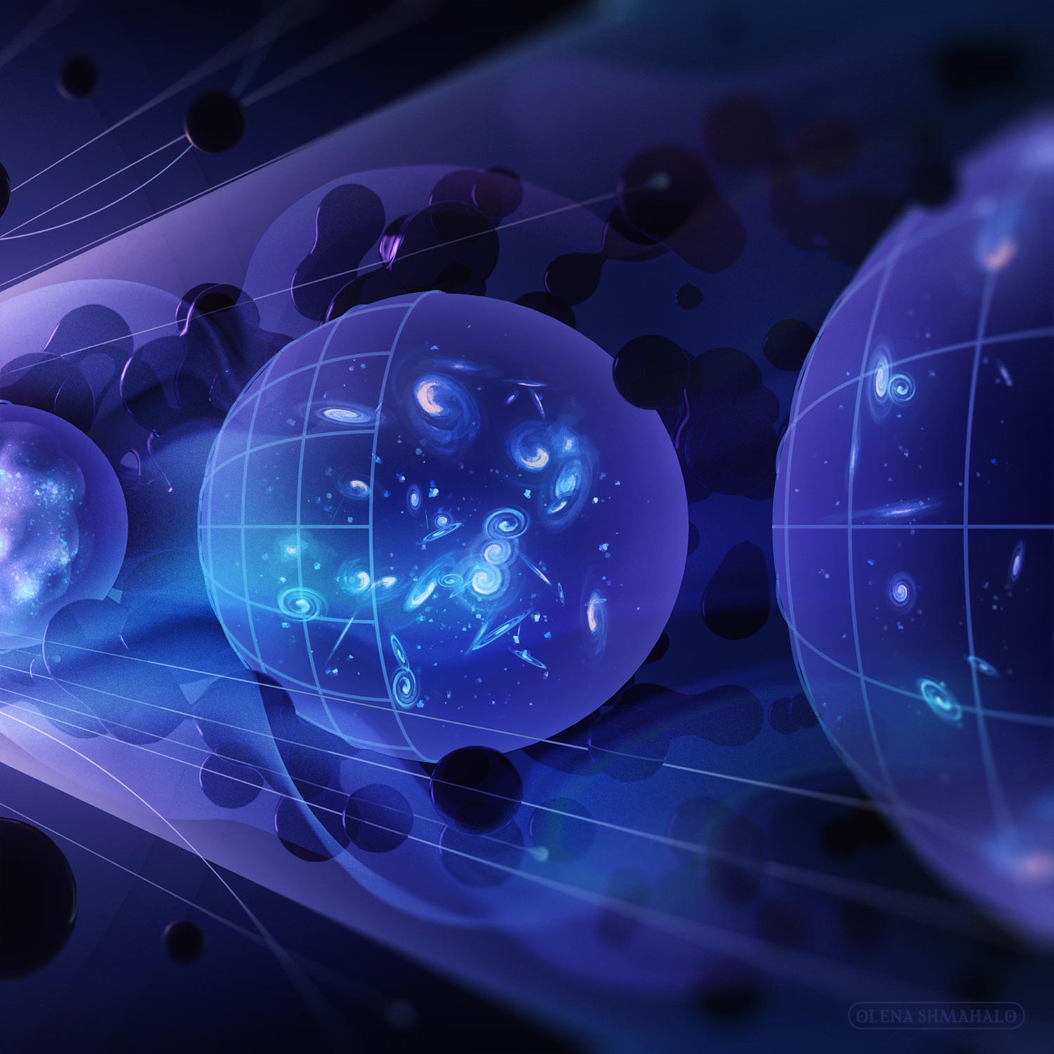 A semi-abstract 3D artwork depicting subatomic and astronomical physics. Crop of the right panel, illustrating the topic *﻿Illuminate the Invisible Universe* from the 2023 P5 report: The evolution of the universe in three stages – 1. primordial cosmic soup / CMB, 2. current distribution of stars and galaxies, 3. further expansion. Dark blobs clustering around the spheres suggest dark matter / primordial black holes. Art by Olena Shmahalo for U.S. Particle Physics.